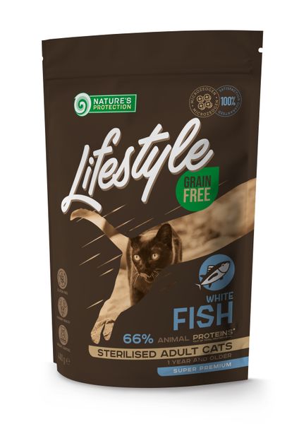 Сухий беззерновий корм для стерілізованих дорослих котів з білою рибою Lifestyle Grain Free White Fish Sterilised Adult Cat 400г