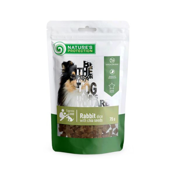 Лакомство для собак, снеки из кролика с семенами Чиа, Nature's Protection snack for dogs rabbit dices with chia seeds, 75г