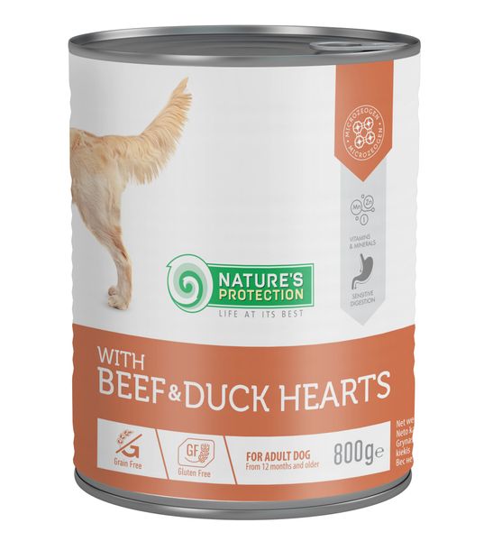 Влажный корм для взрослых собак с говядиной и утиным сердцем Nature's Protection with Beef & Duck Hearts 800 г