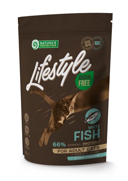 Сухой беззерновой корм для взрослых кошек с белой рыбой Lifestyle Grain Free White Fish Adult Cat 400г