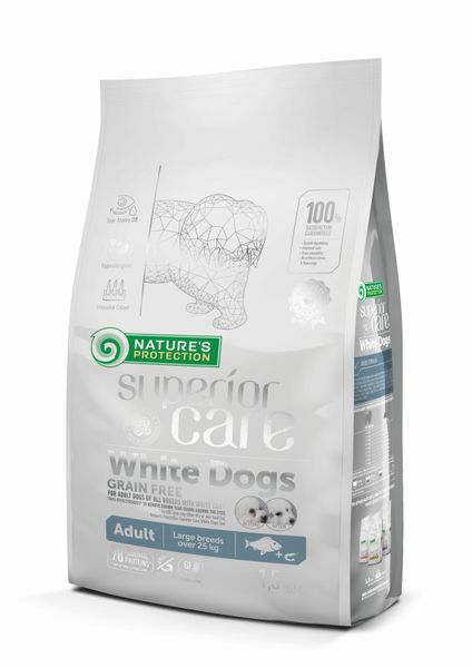 Сухий беззерновой корм для дорослих собак великих порід з білою шерстю, з білою рибою Superior Care White Dogs Grain Free White Fish Adult Large Breeds 1.5kg