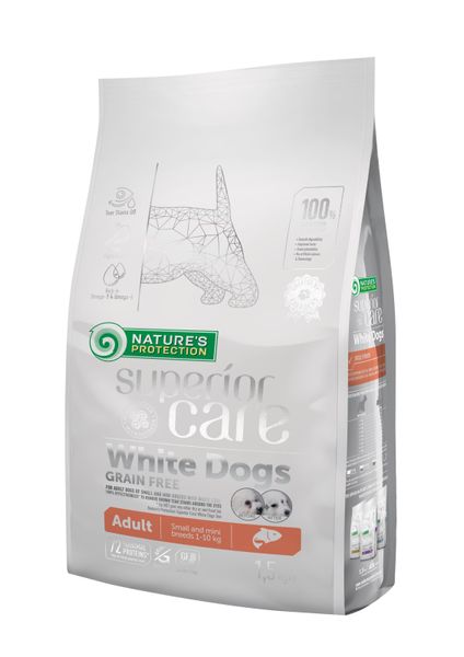 Сухой беззерновой корм для взрослых собак малых пород с белой шерстью, с лососем Superior Care White dogs Grain Free Salmon Adult Small and Mini Breeds 1.5kg