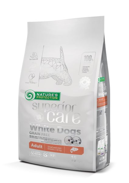 Сухий беззерновой корм для дорослих собак малих порід з білою шерстю, з лососем Superior Care White dogs Grain Free Salmon Adult Small and Mini Breeds 10kg