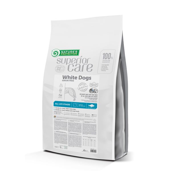 Сухой беззерновой корм с белой рыбой для собак всех размеров и стадий жизни с белой шерстью Nature's Protection Super Care, 10 кг