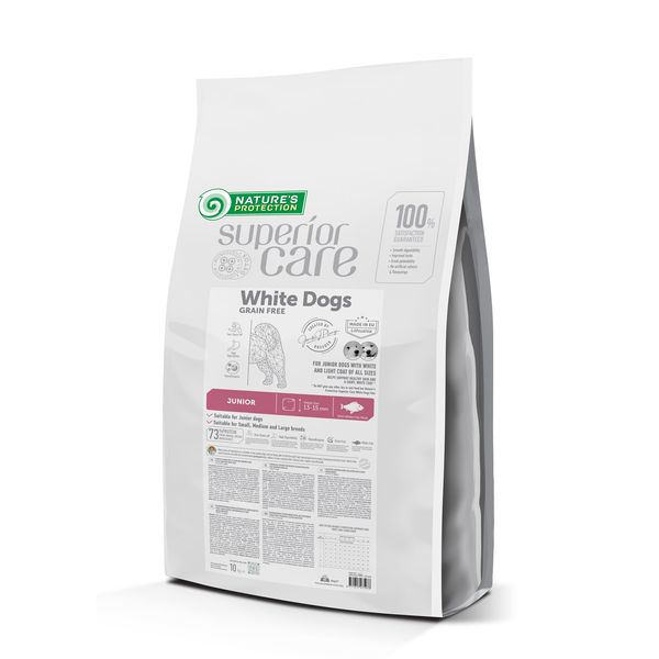 Сухой беззерновой корм с белой рыбой для растущих собак всех размеров с белой шерстью Nature's Protection, 10 кг