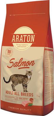 Полноценный сухой корм с лососем для взрослых кошек ARATON SALMON Adult All Breeds 15кг