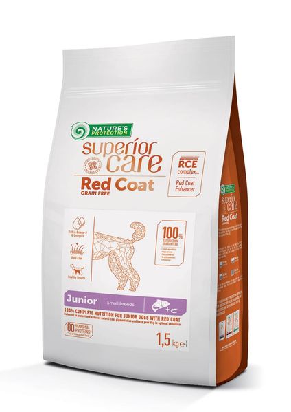 Сухой беззерновой корм для юниоров с рыжим окрасом шерсти, для малых пород Superior Care Red Coat Grain Free Junior Mini Breeds 1.5 кг